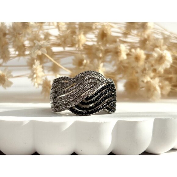 Black & Clear Round Cut Spinel Multi Gemstone Vintage Wavy Braided Ring - sz 9.5 - Picture 10 of 10